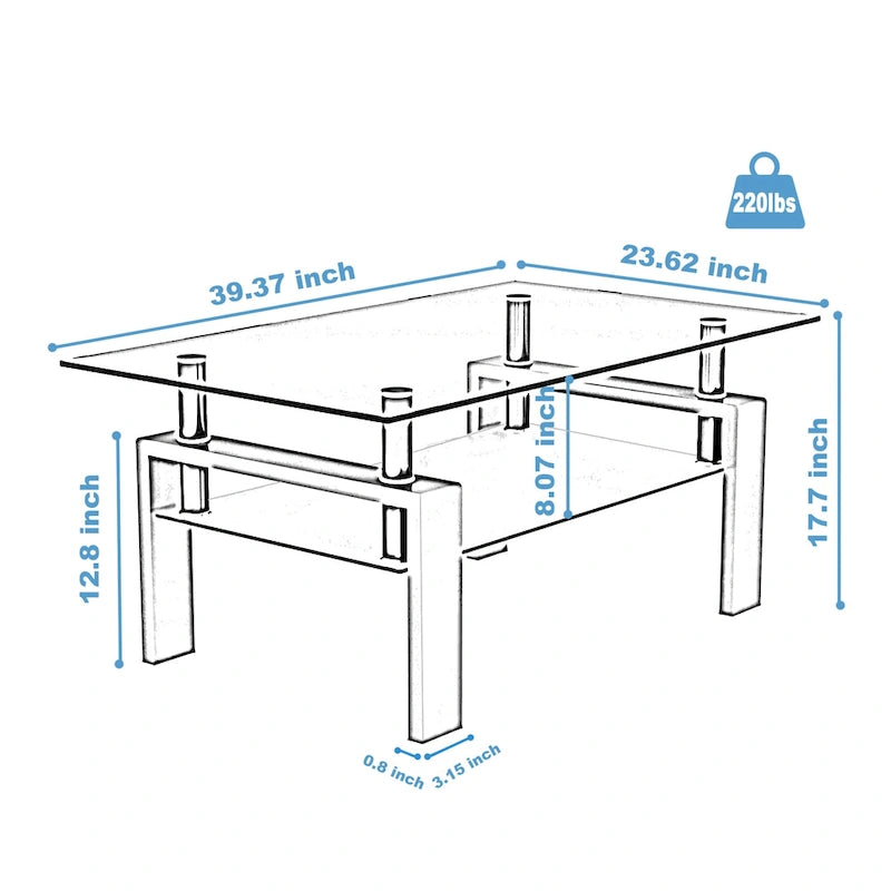 Table basse rectangulaire plateau en verre avec étagère inférieure