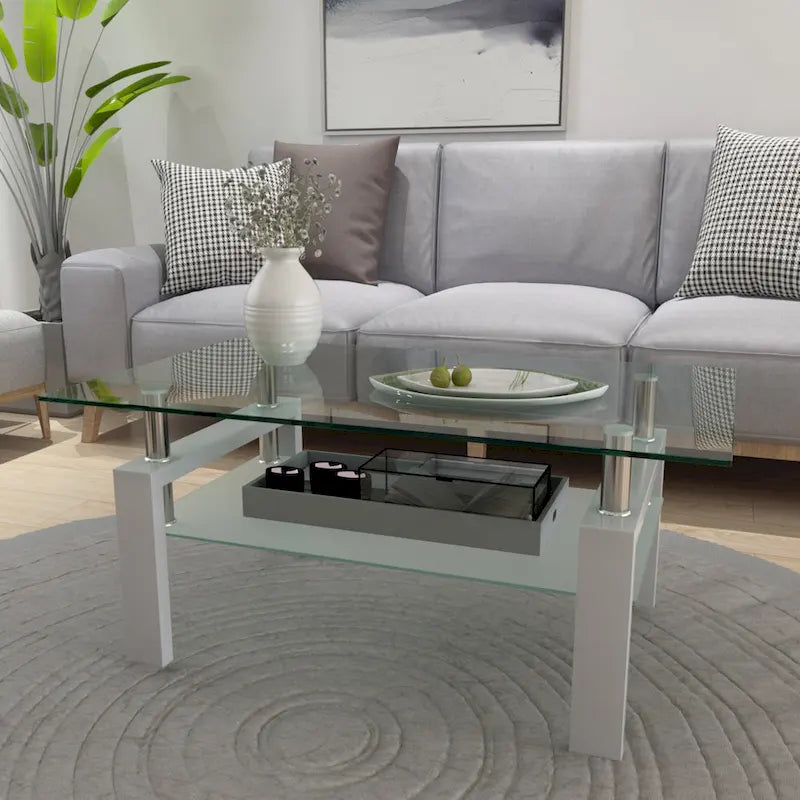Table basse rectangulaire plateau en verre avec étagère inférieure