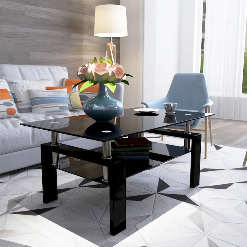 Table basse rectangulaire plateau en verre avec étagère inférieure