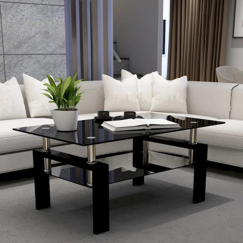 Table basse rectangulaire plateau en verre avec étagère inférieure