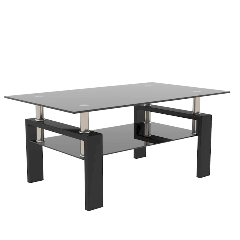 Table basse rectangulaire plateau en verre avec étagère inférieure