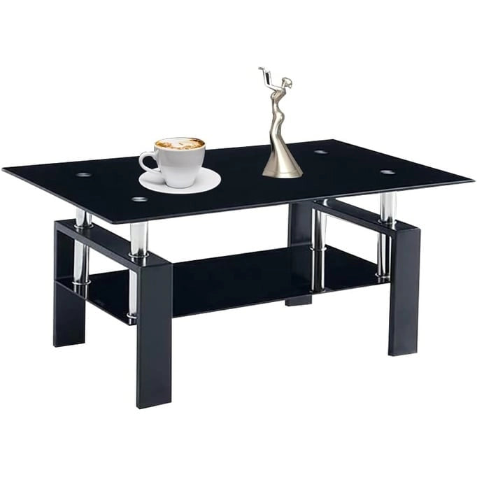 Table basse rectangulaire plateau en verre avec étagère inférieure