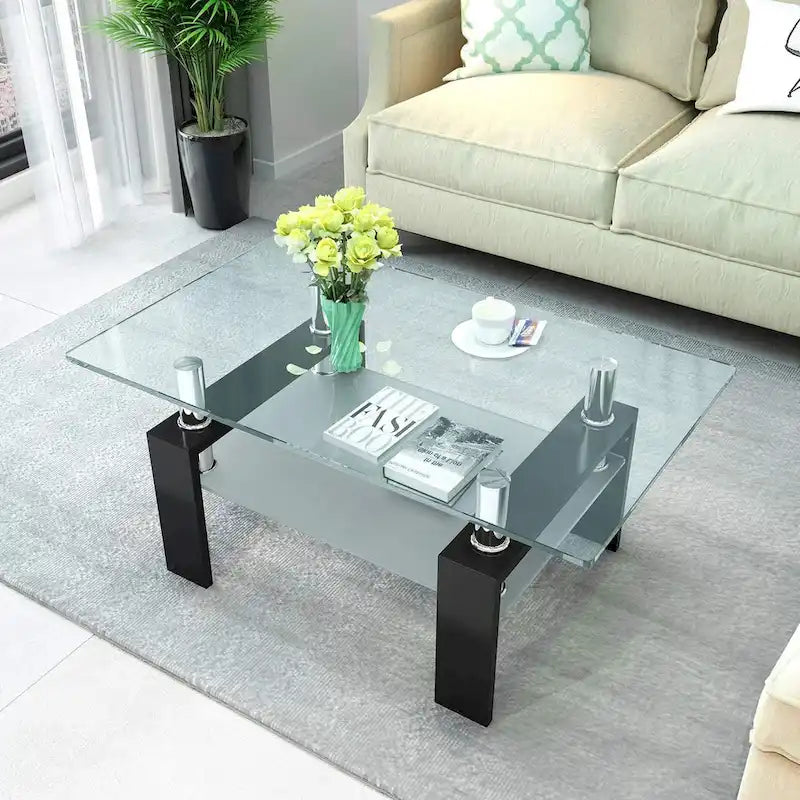 Table basse rectangulaire plateau en verre avec étagère inférieure