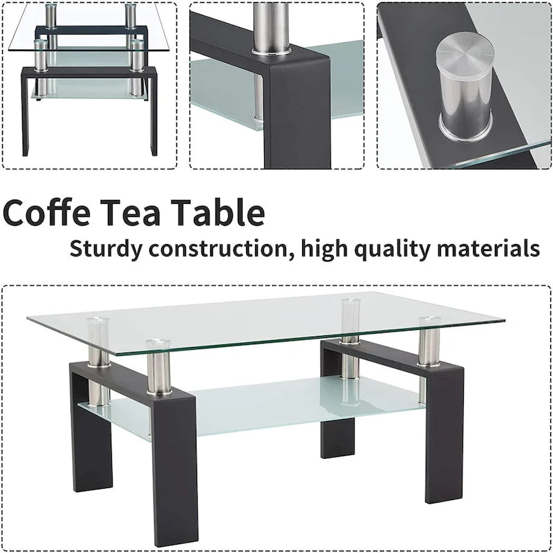 Table basse rectangulaire plateau en verre avec étagère inférieure