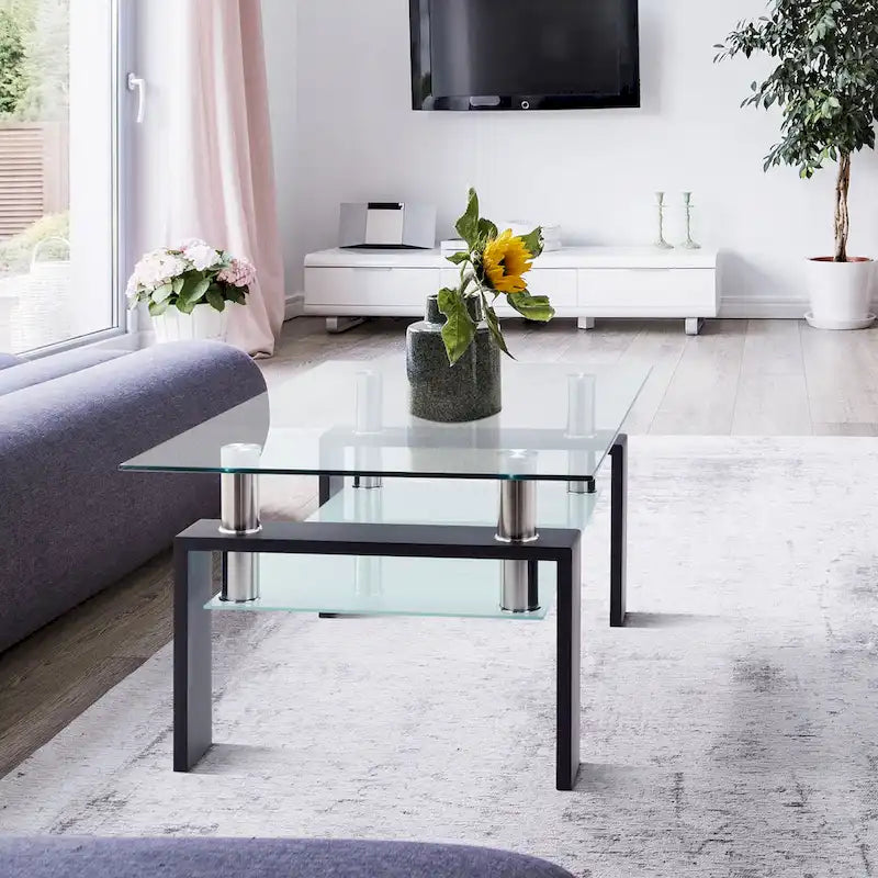 Table basse rectangulaire plateau en verre avec étagère inférieure
