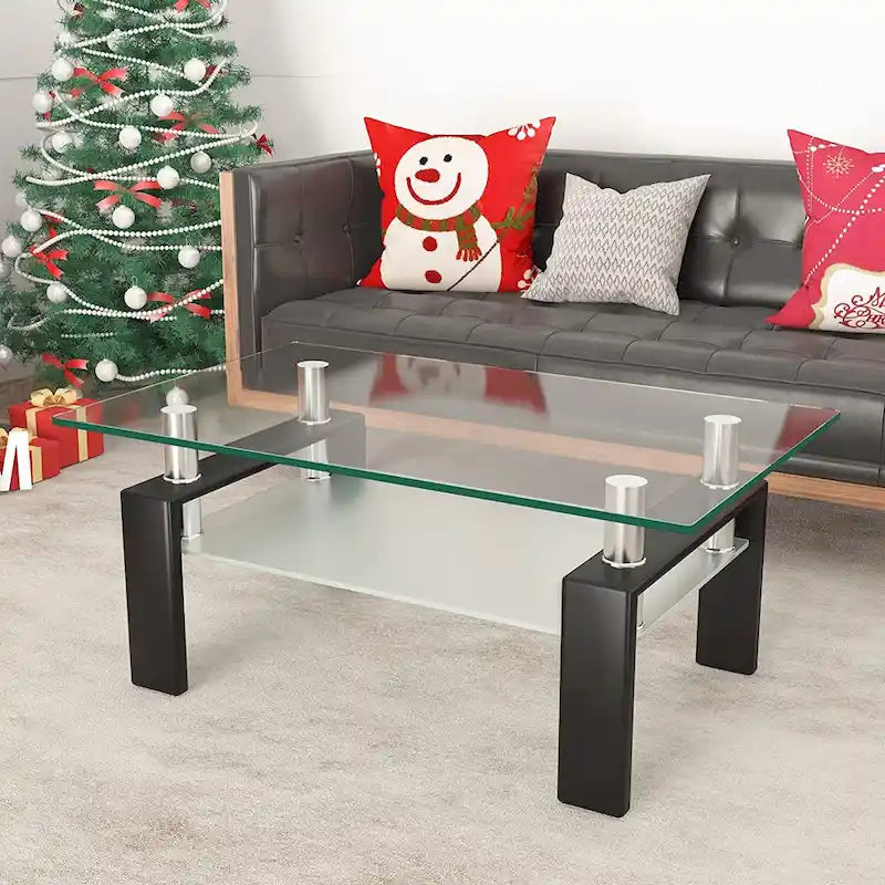 Table basse rectangulaire plateau en verre avec étagère inférieure