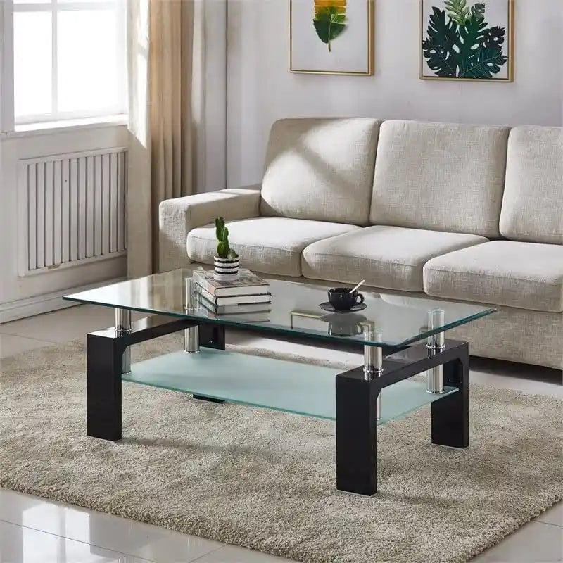 Table basse rectangulaire plateau en verre avec étagère inférieure