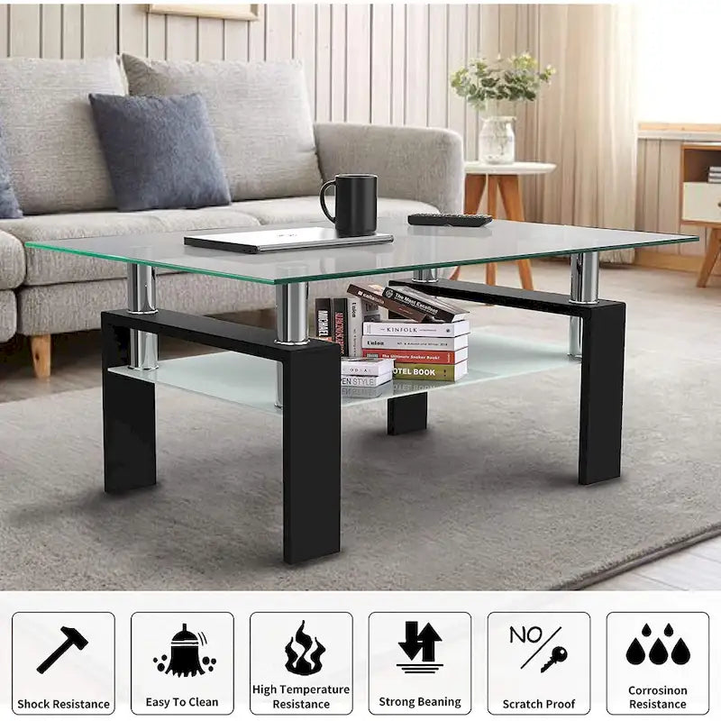 Table basse rectangulaire plateau en verre avec étagère inférieure