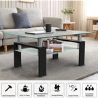 Table basse rectangulaire plateau en verre avec étagère inférieure