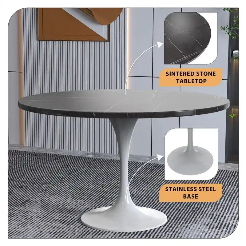 Table à manger ronde Verve 48 avec plateau en pierre et base en acier blanc pour cuisine et salle à manger