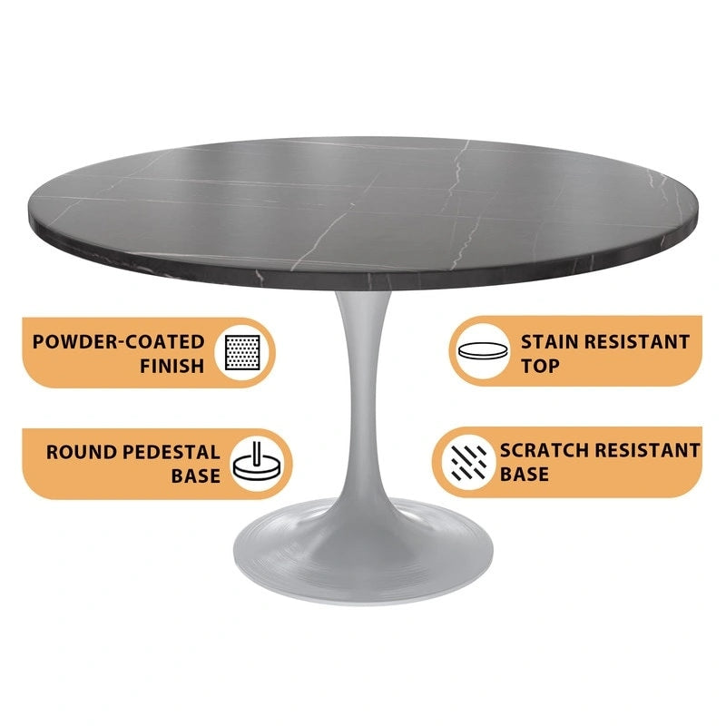 Table à manger ronde Verve 48 avec plateau en pierre et base en acier blanc pour cuisine et salle à manger