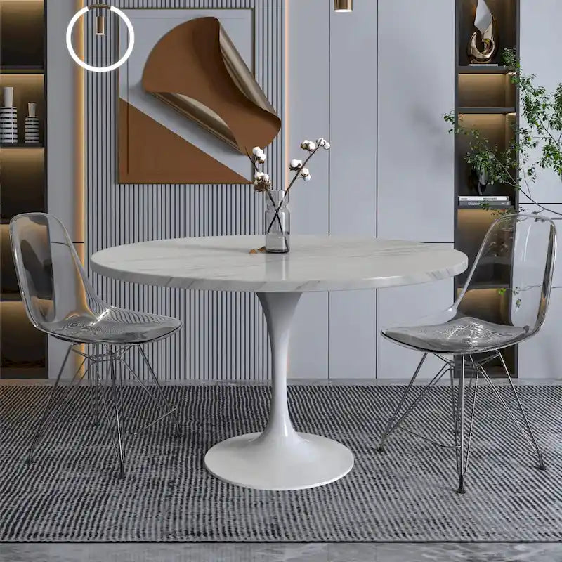 Table à manger ronde Verve 48 avec plateau en pierre et base en acier blanc pour cuisine et salle à manger