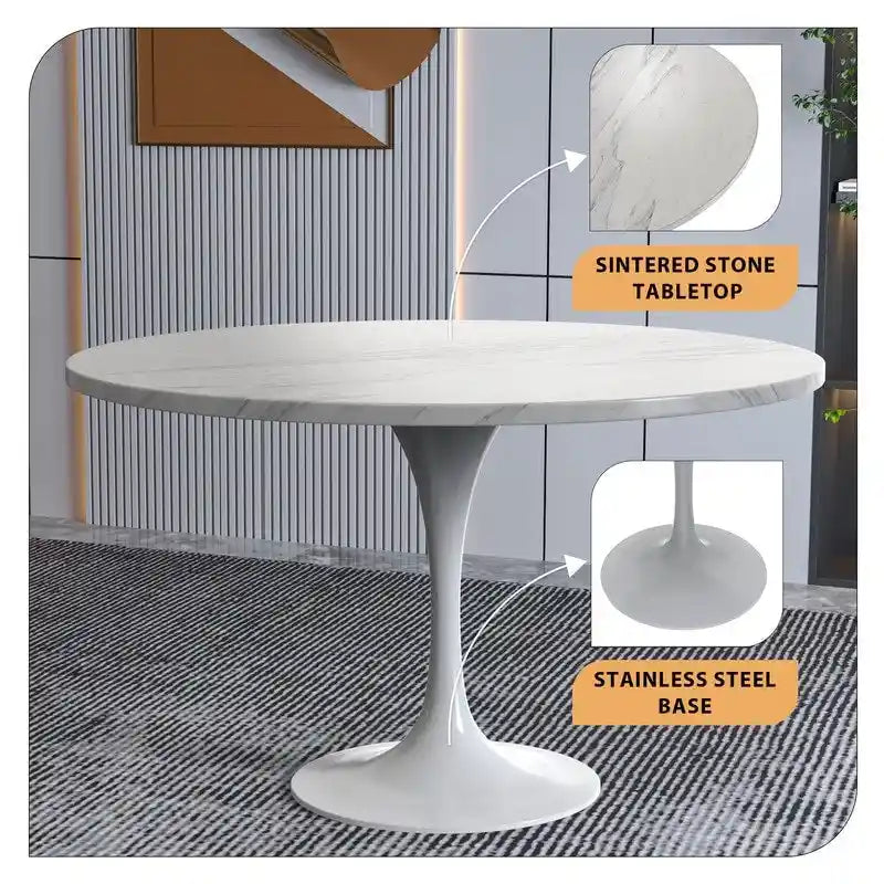 Table à manger ronde Verve 48 avec plateau en pierre et base en acier blanc pour cuisine et salle à manger