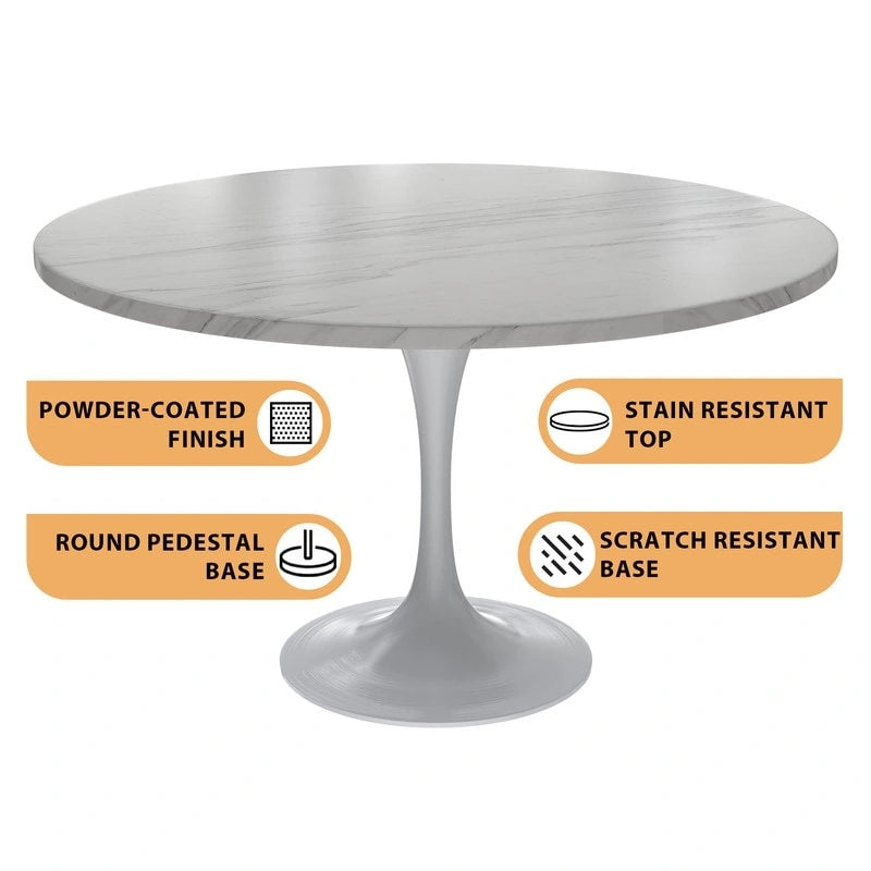 Table à manger ronde Verve 48 avec plateau en pierre et base en acier blanc pour cuisine et salle à manger
