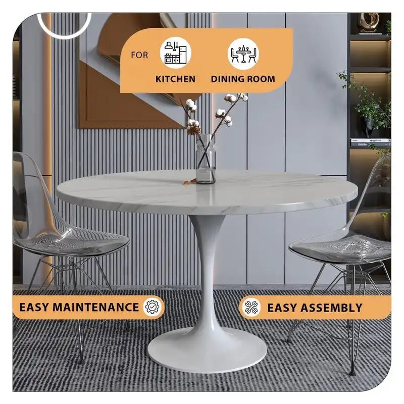 Table à manger ronde Verve 48 avec plateau en pierre et base en acier blanc pour cuisine et salle à manger
