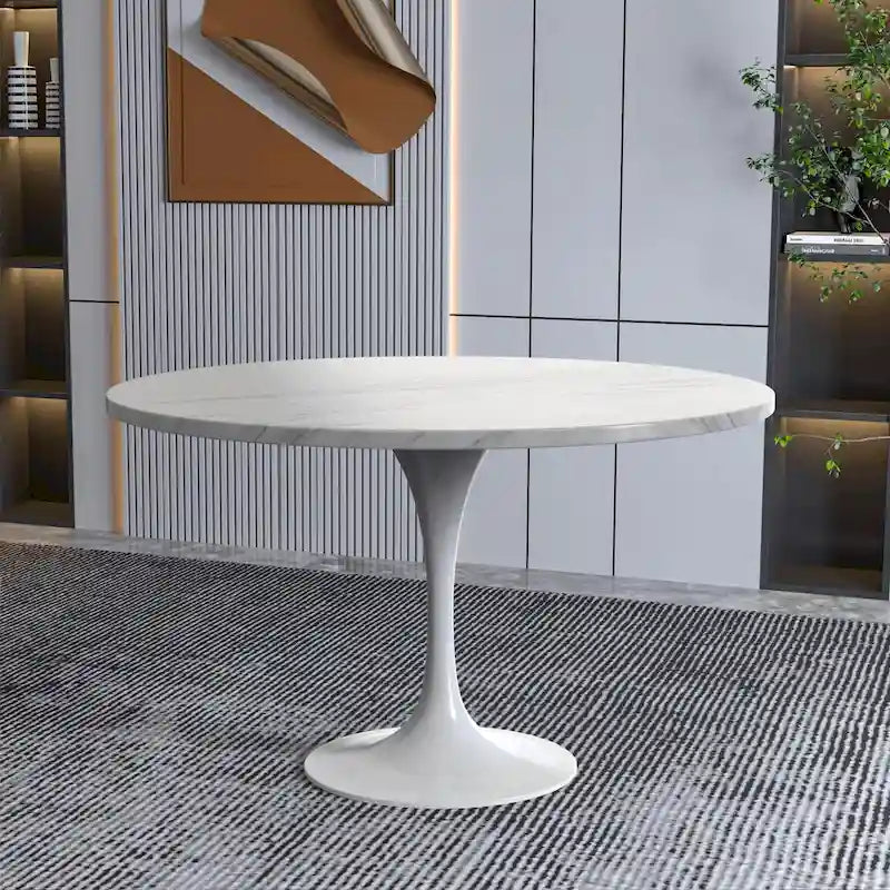 Table à manger ronde Verve 48 avec plateau en pierre et base en acier blanc pour cuisine et salle à manger