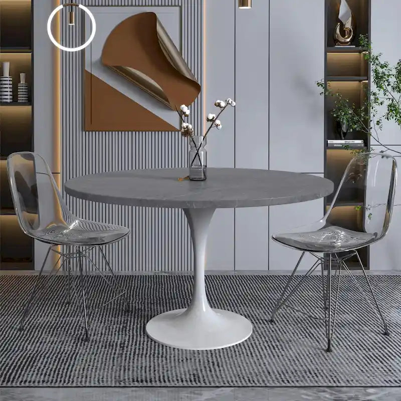 Table à manger ronde Verve 48 avec plateau en pierre et base en acier blanc pour cuisine et salle à manger