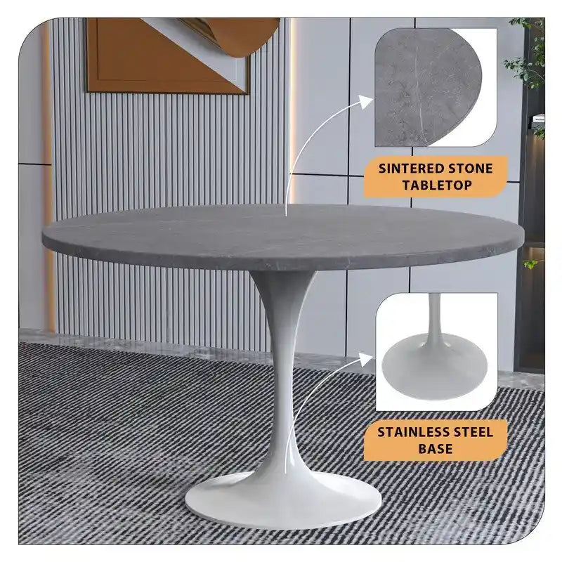Table à manger ronde Verve 48 avec plateau en pierre et base en acier blanc pour cuisine et salle à manger