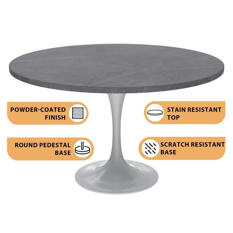 Table à manger ronde Verve 48 avec plateau en pierre et base en acier blanc pour cuisine et salle à manger