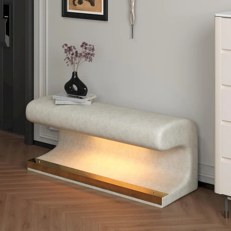 Banc d'entrée en cuir capitonné avec lumière LED à détecteur pour salon, chambre, bout de lit