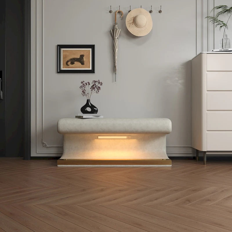 Banc d'entrée en cuir capitonné avec lumière LED à détecteur pour salon, chambre, bout de lit